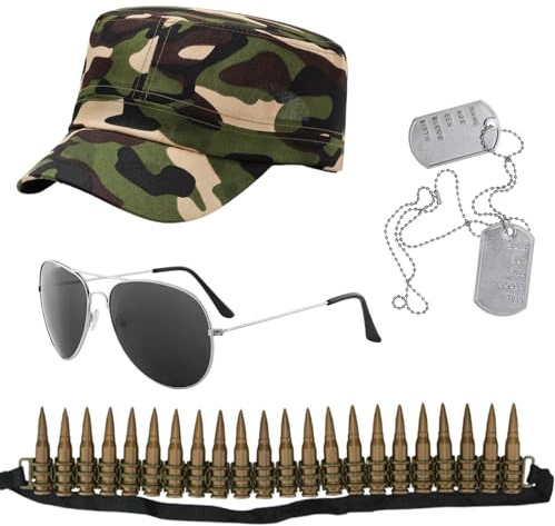 MUNSKT Esercito Fancy Dress Accessori Set, Camo Cappello Bullet Cintura Aviatore Occhiali da sole Dog Tag Collare, Uomini Halloween Costume Soldato vestito