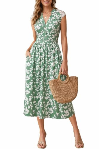 Newshows Summer Dresses for Women V Neck Lace Sleeve Midi Dress Ladies A Line Sundress with Pockets