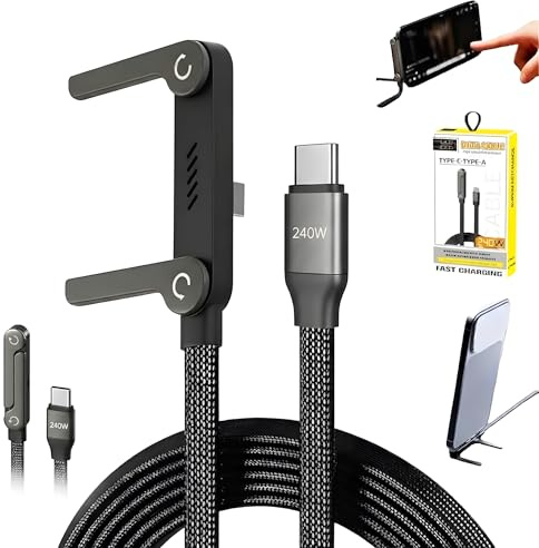 Hotcho 2-i-1 laddningskabel med stativ, 240 W USB-C laddningskabel mobiltelefon med osynlig hållare, 1,5 m snabbladdningskabel typ C flätad, mobiltelefon laddningsstation USB C för smartphone