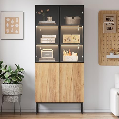 Kebnor Vitrina con Frontal de Cristal,Vitrina de180cm de Altura con lucesLED,librería,Vitrina de Cristal de5niveles para Objetos de colección,estantería,Oficina,Negro/Roble(74 * 31 * 180 cm)