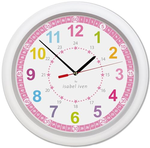Isabel Iven® Designer Wanduhr Kinder - Lautlose, farbenfrohe Kinderwanduhr mit rosa Rand, Durchmesser 30 cm, Einfache Aufhängung, Wanduhr für Jungen und Mädchen, Lernuhr für Kinder von Designerin