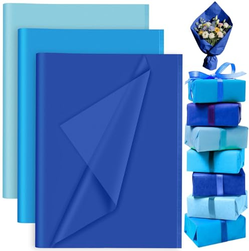 PLULON 60 feuilles de papier de soie bleu de fête d'anniversaire de sirène, papier d'emballage cadeau pour bricolage emballage cadeau anniversaire Pâques mariage vacances papier fleur （bleu）