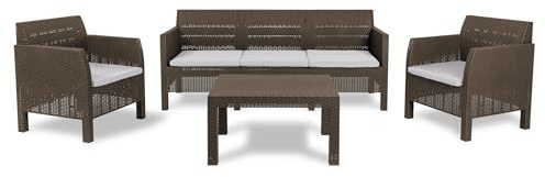 Toomax Set Salotto da giardino Matilde 5 posti marrone, in plastica resistente effetto rattan, 2 poltrone con schienale ergonomico, divano da 3 posti e tavolo, ideale per spazi esterni