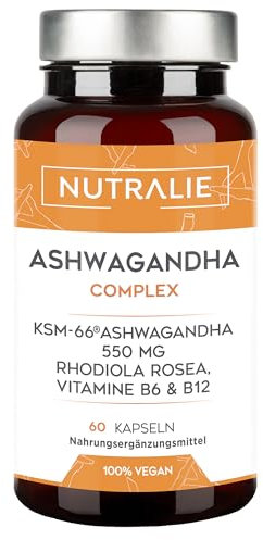 Ashwagandha KSM-66 610mg - Rhodiola Rosea + 5% Withanolide + Vit B6 B12 + Withania Somnifera - 60 Kapseln Vegan Nutralie