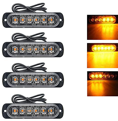 RIGIDON 4 Pcs Safety Emergency Flashing Lights, 12V 24V 6 LED Amber Strobe Hazard Warning Light, Breakdown Beacon Led Light Bar, Waterproof Universal for Car Truck Off road SUV, 3000K