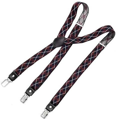 DonDon Bretelle da uomo eleganti strette 2,5 cm con 3 clip extra forti e toppa in pelle Plaid-blu rosso bianco