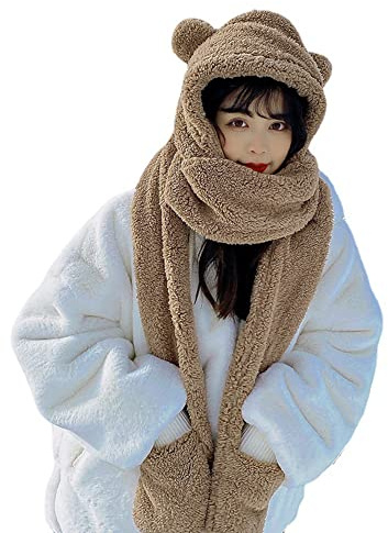 Girls Hat Gloves Scarf 3 In 1 Set Winter Plush Cartoon Bear Hoodie Gloves Pocket Women Warm Earflap Full Hood Hats Long Scarf Shawl Wraps Mittens for Girls Boys, Great Christmas Birthday Gift