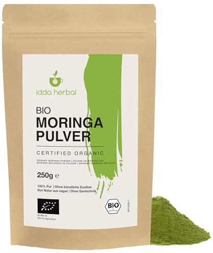 Polvo de moringa orgánico (250 g), hojas de morina secas y molidas suavemente, polvo de hoja de morina de cultivo orgánico, 100% natural y puro, vegano