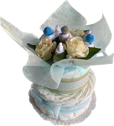 Tarta De Pañales 2 Pisos Niña con BODIES bebé con forma Ramo de Flores - Regalo Original para recién nacido padres primerizos (Azul)