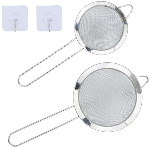 Confezione da 2 colini piccoli in acciaio inox a rete fine con ganci da cucina, 12 cm/8 cm di diametro, setaccio a rete fine, colino da cucina con manico, ideale per succhi di frutta, uova, tè, caffè,