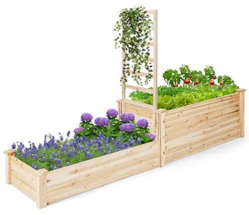 COSTWAY Hochbeet mit Rankgitter, Blumenkasten mit Spalier, Pflanzkasten aus Tannenholz, Gartenspalier mit Rankkasten, Blumenkübel für Kletterpflanze Balkon Garten Terrasse, Natur (223x64x134 cm)