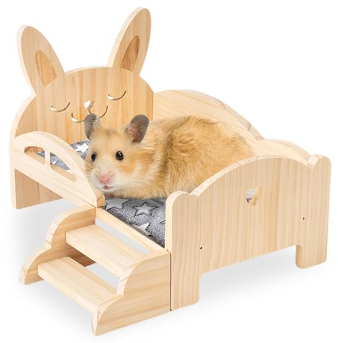 Letto in legno per porcellini India Con scale e tappetino, 34x22x18 cm, habitat per porcellini India, letto di coniglio