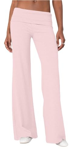 Leggings da donna pieghevoli in vita pantaloni da yoga elasticizzati pantaloni larghi tinta unita Y2K vita bassa gamba larga pantaloni della tuta, A- Rosa, S
