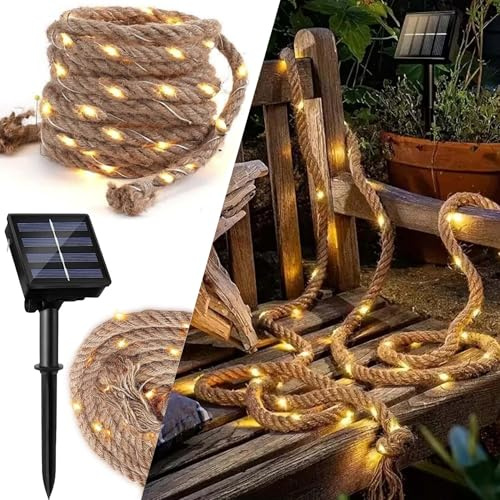 ZeiLaBang Kakadi Solar Lichterkette Seil,2M Solar Hanfseil Lichterkette mit 30 LEDs,Wasserdicht Fee lichterkette Aussen,solar Rope Lights für Garten Balkon Terrasse Weihnachten Party