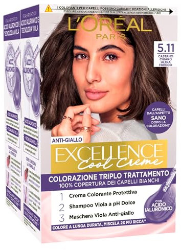 L'Oréal Paris Tinta Permanente Excellence Cool Creme 5.11 Castano Chiaro Ultra Freddo Colorazione Triplo Trattamento Copre 100% dei Capelli Bianchi Lunga Durata e Anti-Giallo - 2 Tinte