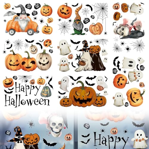 XoeLLe 102 stycken Halloween-fönsterbilder, fönsterklistermärken, halloweendekoration fönster, dubbelsidiga klistermärken, avtagbara, pumpa, sinne, skelett, fladdermus, spindel för barnrum, karneval