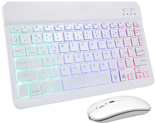 Doitool Teclado Y RatóN InaláMbrico Multidispositivo 10 Pulgadas Retroiluminado con RatóN Recargable Blanco con Stickers EspañOl para Oficina Y Hogar