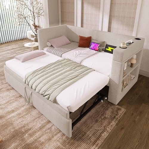 Miyemo Upholstered Daybed, Sofa Bed with Pull Out Trundle & Cup Holders, 3ft Single Bed with Storage & Charging-Station for Living Room & Bedroom, Linen, 90X190cm, Beige, (No Mattress)