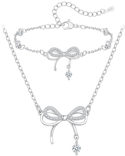 Toplstud Jewellery Sets for Girls, Cubic Zirconia Bow Bracelet Necklace Sets for Girls, Birthday Christmas Valentines Gifts for Daughter Granddaughter, Kids Jewellery Present (Necklace+Bracelet)