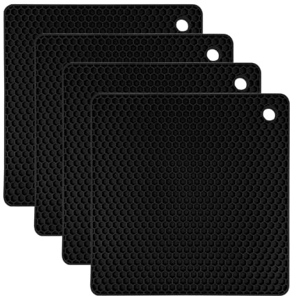 LUMITERRA 4 Pezzi Sottopentola Silicone, Proteggi Pentole e Salvapadelle, Resistente al Calore, Protezione Piano, Antiscivolo, Lavabile in Lavastoviglie, per Padelle, Pentole, Nero