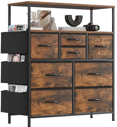 Feonase Tall Chest of Drawers, 8 Fabric Drawers Dresser with Shelf and 3 Side Pockets, Metal Frame, MDF Top Board, Versatile Organizer Storage Unit for Bedroom, Living Room, Rustic Brown
