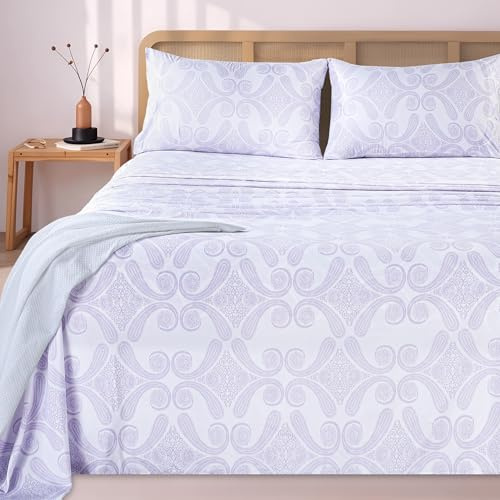 Utopia Bedding Juego de Sabanas Estampado 4 Piezas 150x200 - Poliéster Microfibra Cepillada - Sábana Bajera, Sábana Plana y 2 Fundas de Almohada 50x75 (Cama 150, Paisley Lavanda)