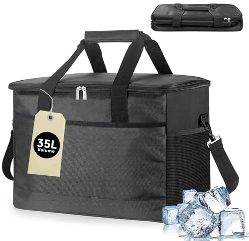 YINKIGI 35 L Large Cool Bag, Waterproof Picnic Bag with Insulated Cooler | Thickened Thermal Layer for Cooling, Leakproof & Foldable, Lunch Box Bag for Work, Camping, Beach, Travel, Shopping and Car