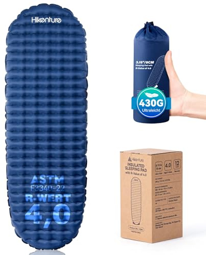 HIKENTURE Isoleringsmatta för camping, värde R 4, 430 g, ultralätt, 8 cm, ultra tjock, varm, liten storlek luftmadrass med mumieform för alla årstider för utomhusbruk