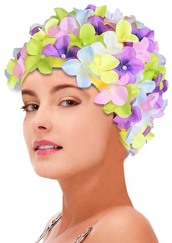 Bonnet de Bain à Fleurs de Style Rétro avec Fleurs, Bonnet de Bain pour Femme, Cheveux Longs et Courts, pour Piscine