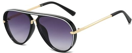 YAMEIZE Occhiali da sole da pilota retrò per donne e uomini anni '70 doppio ponte rotondo oversize vintage montatura in metallo oro occhiali da sole UV400, Nero Gradiente Grigio