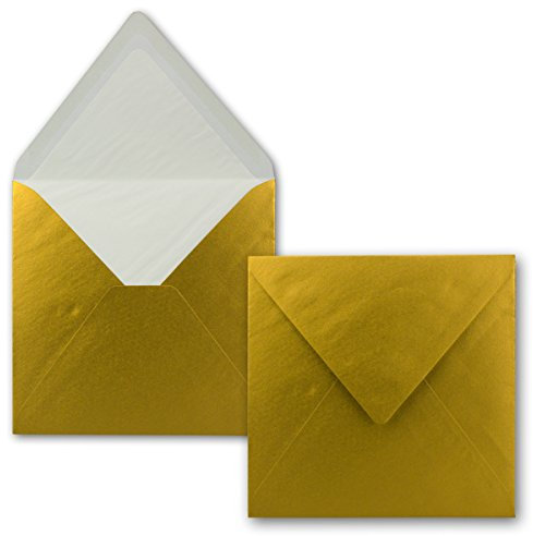 50x Briefumschläge Quadratisch 16 x 16 cm in Gold Metallic- Umschläge mit weißem Seidenfutter - Kuverts ohne Fenster & mit Nassklebung - Für Einladungskarten zu Hochzeit und Geburtstag