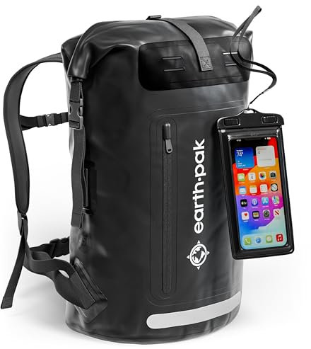 Earth Pak Summit Serie wasserdichter Rucksack, Backpack mit leistungsstarkem Reißverschluss und Rolltop, wasserfester Handyhülle Schwarz 35L