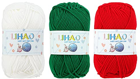 LIHAO 3pcs Fils à Tricoter en Acrylique Pelote de Fil pour Tricot Noel Loisirs Créatifs (Rouge, Vert, Blanc)