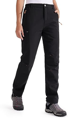 Libin Damen Wanderhose Thermohose Gefüttert Winter Outdoorhose Warme Softshellhose Wasserdicht Winddicht Skihose Trekkinghose, Schwarz L