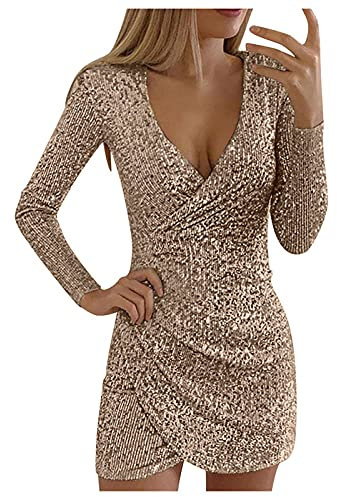 Pailletten Kleider Knielang, Damen Kurz Glitzerkleid Langarm V-Ausschnitt Glänzende Kleider Sexy Partykleid Cocktailkleid Bodycon Enges Party (DE/NL/SE/PL, Alphanumerisch, S, Regular, Regular, Braun)