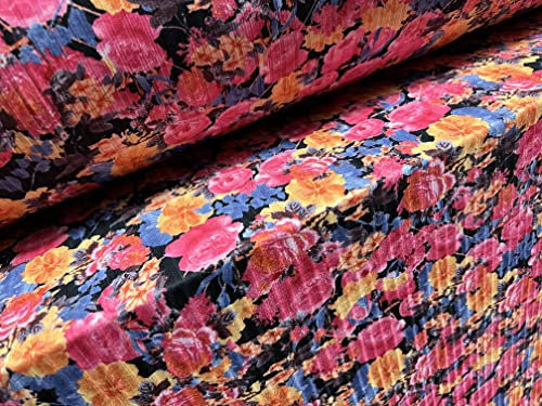 Recycelter Stretch-Spandex-Ripp-Jersey-Stoff, Meterware, Rosen-Blumendruck, Hellrosa, Blau und Orange