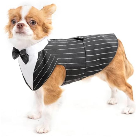 Hund smoking kostym, hunddräkt med fluga kostym randig gentleman hund bröllopsfest kostym sällskapsdjur kläder skjorta formell kostym för valp hundar (Righe Nero, S)