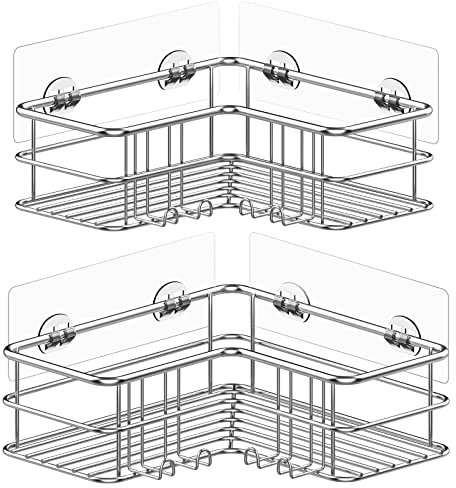 Menbyci Silver Corner Shower Caddy,Adhesive Shower Shelf with Hooks, Stainless Steel Rustproof Bathroom Storage Organizer Rack,No Drilling Shampoo Holder Wall Mounted,2-Pack