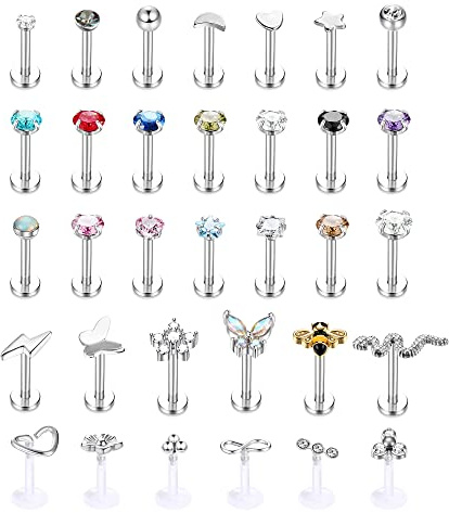 Kakonia Medusa Piercing Lèvre Bijoux 16G Acier Inoxydable 6mm 8mm 10mm Anneaux à Lèvres pour Femmes Hommes Labret Clous de Nez Abeille Papillon Fleur Boucles d'Oreilles Ensemble(Argent)