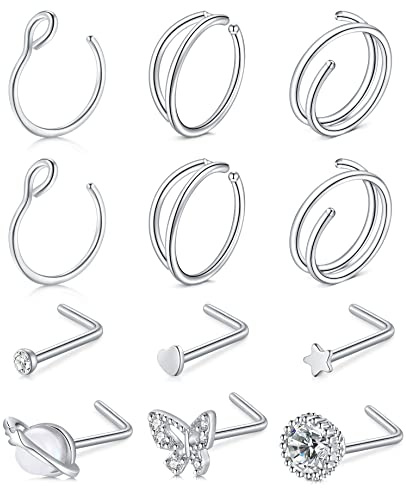 Funseedrr 12 st näsring nässtift set kirurgiskt stål 20 g tunn nässkruv L-formade ringar näspiercing smycken