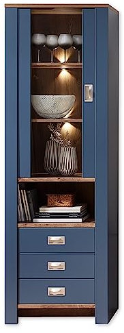 DIJON Vitrine in Parisian Blue, Haveleiche Cognac Optik - Moderner Vitrinenschrank mit LED-Beleuchtung und viel Stauraum - 65 x 201 x 38 cm (B/H/T)