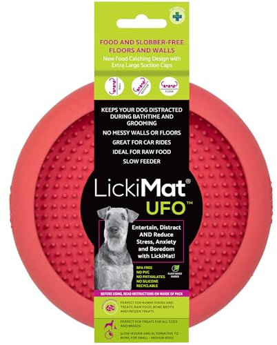 LickiMat UFO Ablenker für Baden, Duschen und Fellpflege, Naturkautschuk, großer Schnuller, Lecknoppen, weiche und laufende Leckereien, einzigartiges Futter- und Dribbelfänger-Design, langsamer