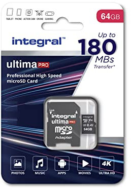 Integral Tarjeta Micro SD de 64GB vídeo 4K Velocidad de Lectura 180 MB/s y Velocidad de Escritura 150MB/s MicroSDXC A2 C10 U3 UHS-I 180-V30 Nuestra Tarjeta de Memoria SD de Alta Velocidad más rápida