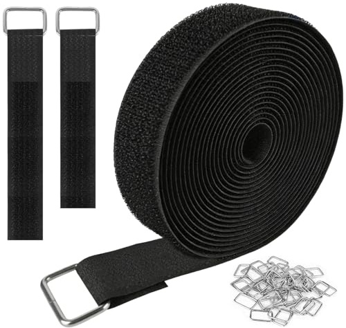 AUMAYCO Justerbart kardborrband 5 m med 25 metalllås, återanvändbara buntband av nylon, självhäftande kardborreband, extra starka, skurna krokar och band, 2 cm breda