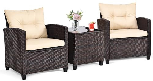 HOMASIS 3tlg. Rattan Balkonset, Polyrattan Gartenmöbel Set mit Gartensessel & Rattantisch, Gartensitzgruppe Bistroset inkl. Sitzkissen & Rückenkissen, Terrassenmöbel für Garten Indoor Balkon