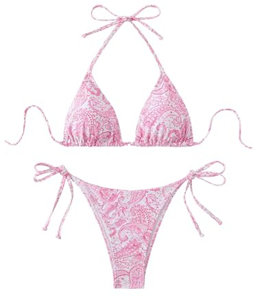 GORGLITTER Damen Bikini Set Triangle Badeanzug Bauchweg Bikini-Set Gemuster Bademode 2-teiler Neckholder Strandanzug mit Knoten Rosa XS