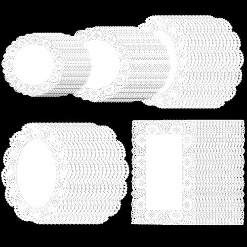 Bewudy 150 PCS Disposable Doilies Paper, White Lace Paper Doilies, Assorted Sizes Disposable Doily Rectangle Round Papers Doily for Tables Buffet Cake Fried Food Wedding Party Tableware Decor