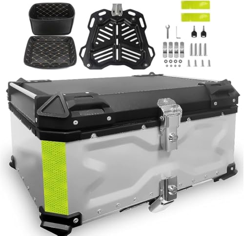 Boîte De Moto en Aluminium Bagages De Moto, 28l 36l 45l 55l 65l 80l 100l Boîte De Rangement pour Casque avec Serrure De Sécurité, pour Le Casque De Magasin Grand Bagage, étui, Silver, 80L
