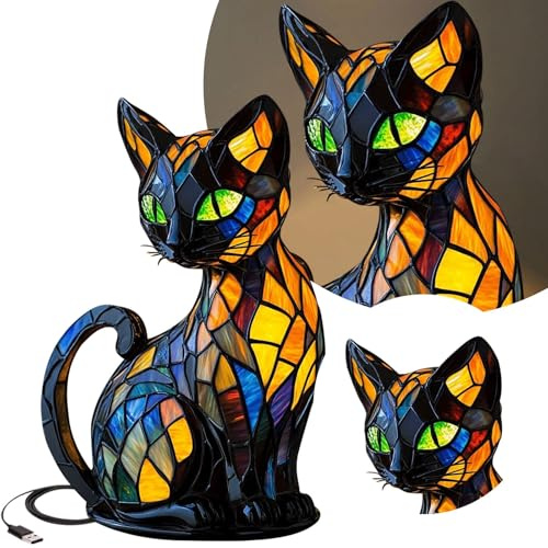 Lampe Chat En Vitrail, Lampe Chat Pour Amoureux Des Chats Lumineuse En Vitrail En Forme d'animal, Veilleuse De Table Rétro, Veilleuse Led Décorative Colorée Pour La Maison, La Chambre à Coucher