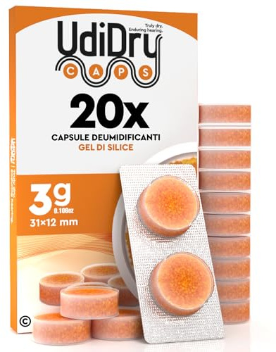 20 Capsule Deumidificanti per Apparecchi Acustici 3g 31mm UdiDry Caps Contro l'Umidità con Indicatore di Colore - Capsule Essiccanti con Gel di Silice Anti Umidità di Alta Qualità per Asciugatura